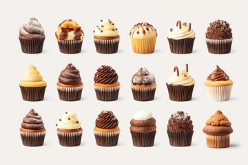 Set of cupcakes showing different frosting and toppings, creating a tempting display for dessert lovers