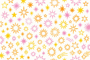 A cheerful pattern of hand-drawn stars in pink and orange on a white background.