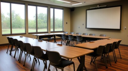 Modern meeting room with large windows overlooking a landscape.