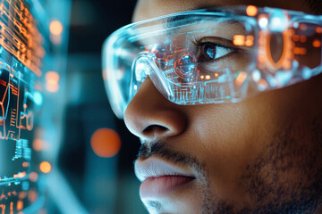 Futuristic doctor utilizes advanced AI diagnostic tool for patient care in state-of-the-art medical facility