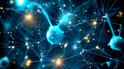 A highly detailed 3D illustration of a neuron cell with vibrant shades of pink and orange against a blurred background.	