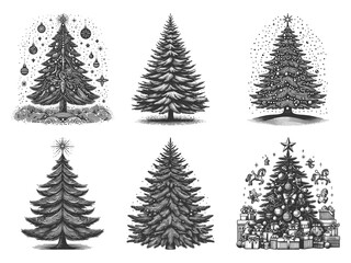 Obraz premium Christmas Trees with Gifts and Decorations Set collection bundle sketch engraving generative ai raster illustration. Scratch board imitation. Black and white image.