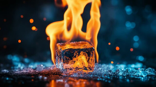 Burning Ice Cube with Melting and Flames, Hot vs Cold Concept in Dramatic Contrast

