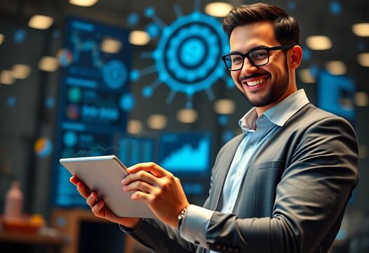 Smiling professional using business tablet, connected to network, showing app success stats, positive, stats