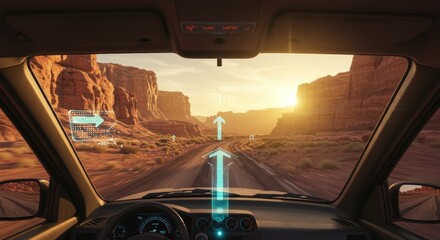 Autonomous driving system guides a car through a desert landscape at sunset towards innovation