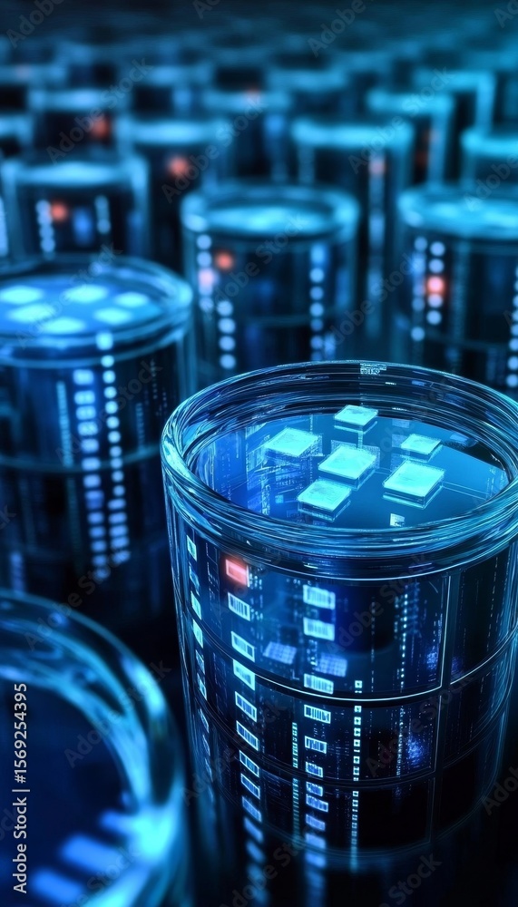 Poster futuristic blue abstract digital visual with database network and ai technology integration.
