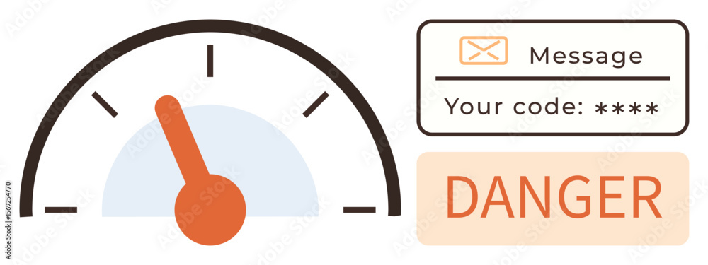 Poster gauge with orange needle showing high level, message box displaying code, and bold danger text. idea