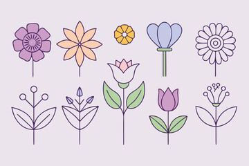 Collection of simple outline flowers in pastel colors on a light background