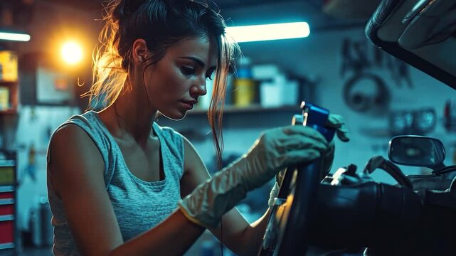 Woman mechanic fixing car steering wheel in a garage