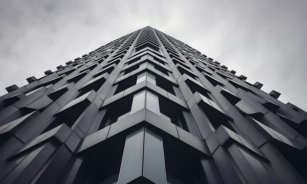 Symmetric pattern of tall dark building with repetitive design pointing to sky