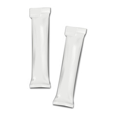 Blank white tear notch stick pack plastic bag. Realistic mockup. Easy open grooved long sachet pouch packet. Vector mock-up. Food, medical product single dose individual package. Template for design