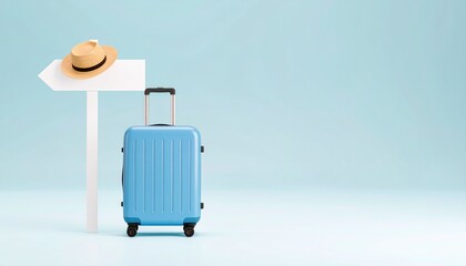 Blue suitcase and hat on pastel blue background