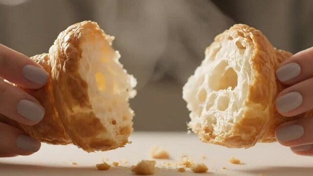 Croissant being broken in half by manicured hands revealing the flaky interior in a close-up food video