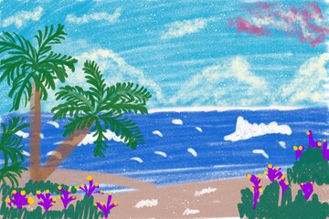 Sea, mountains, sky, coconut trees, trees, drawing, chalk