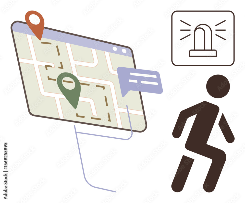 Poster route map with location pins, alert signal, message bubble, and running figure indicating navigation