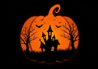 Fototapeta premium Spooky halloween pumpkin scene with haunted house and flying bats