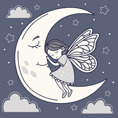 Crescent Moon Cradling a Sleeping Fairy – Ethereal Nighttime Fantasy Art, Dreamy Celestial Nursery Illustration, Whimsical Moonlight Guardian, Enchanted Fairy Tale Scene, Magical Bedtime Storybook Art