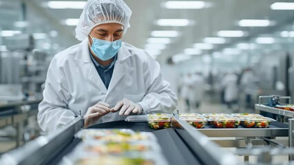 Food technician inspecting ready meal production line in modern factory - Powered by Adobe