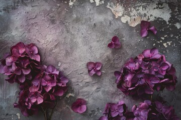Still life featuring purple hydrangea blooms scattered on a textured gray background with peeling paint effect in the upper right.