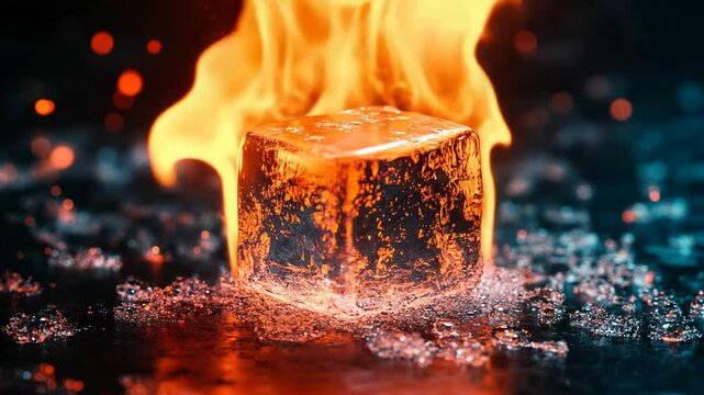 Burning Ice Cube with Melting and Flames, Hot vs Cold Concept in Dramatic Contrast

