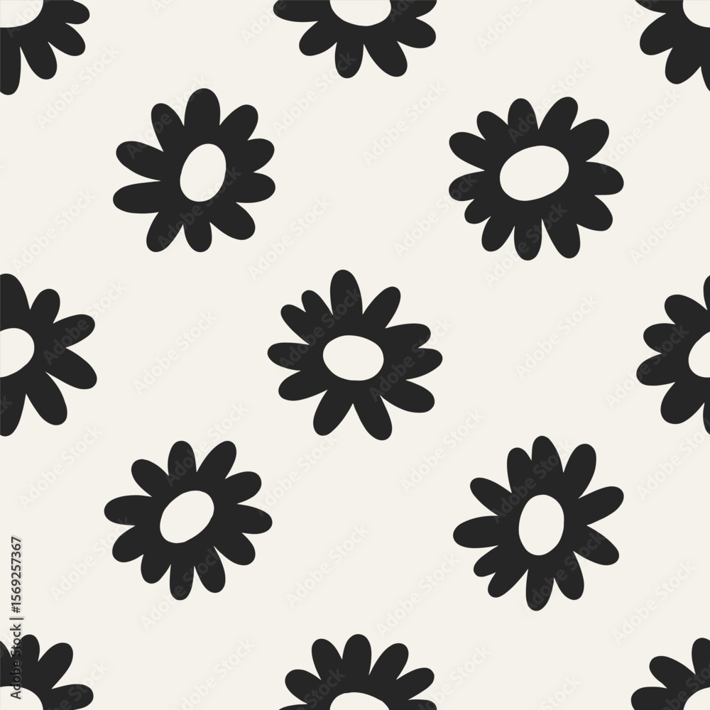 Poster Floral pattern. Seamless flower print with daisy blooms in retro groovy style. Black and white abstract texture, background for textile, wrapping and wallpaper design. Flat vector illustration