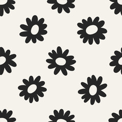 Floral pattern. Seamless flower print with daisy blooms in retro groovy style. Black and white abstract texture, background for textile, wrapping and wallpaper design. Flat vector illustration
