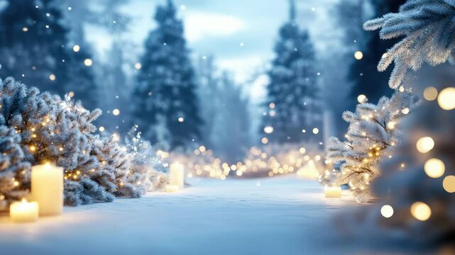 Winter snow covered pine branches glowing with candle light and warm festive lights creating
