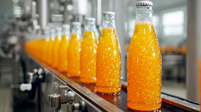 Orange beverage bottles on automated conveyor in modern factory setting