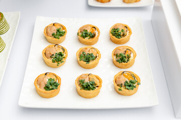 Festive buffet. Table with desserts in glass and snacks. Catering. Buffet. Self-service. Hotel and...