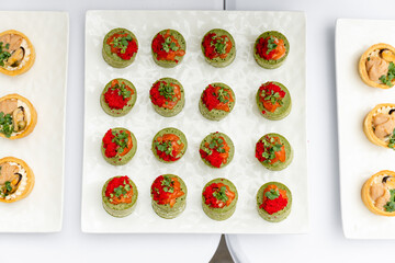 Festive buffet. Table with desserts in glass and snacks. Catering. Buffet. Self-service. Hotel and...