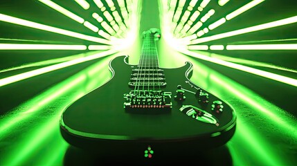 Electric guitar positioned against a backdrop of vibrant green lights.