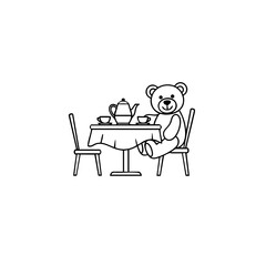 Teddy bear drinking tea at table icon in outline style for kids decor