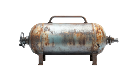 Gas tank with metal body and clear valve mechanism Transparent background, PNG