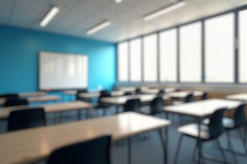 Beautiful blurred background of bright classroom and study room with panoramic windows and beautiful lighting. Blurred Empty school background.