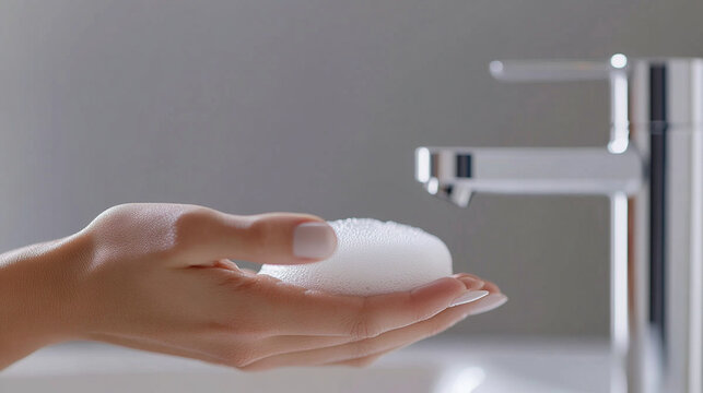 close-up of modern soap foam dispenser with hand underneath, hygienic and sleek detail