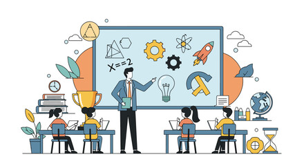 Obraz premium Engaging classroom scene teacher instructing students on stem subjects with visual aids