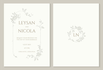 Wedding invitation and monogrammed card. Wreath and frame of intertwined roses.