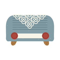 Isolated flat vector illustration of vintage radio with a knitted napkin on white background. Cottagecore lifestyle. Home interior element.
