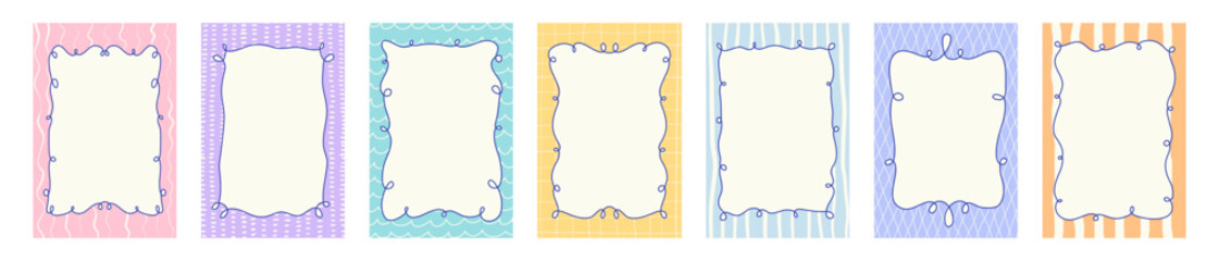 Set of various colorful backgrounds with curly whimsical frames. Hand drawn flat vector style. Italian summer vibe. Perfect for card, poster, social media, banner, invitation.