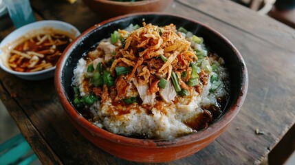 Fototapeta premium A hearty bowl of savory, steaming rice dish with chicken and crispy toppings