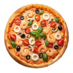Delicious seafood pizza isolated on transparent background