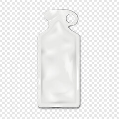 Bottle shape tear notch sachet pouch with hang hole. Realistic vector mock-up. Blank white hanging plastic bag. 3d mockup. Liquid product single dose individual package. Template for design