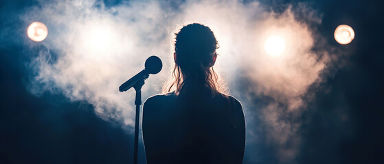 Back view of female rock singer performing live with dramatic stage lighting, smoke, and haze. Captures energy and atmosphere of rock concert events.