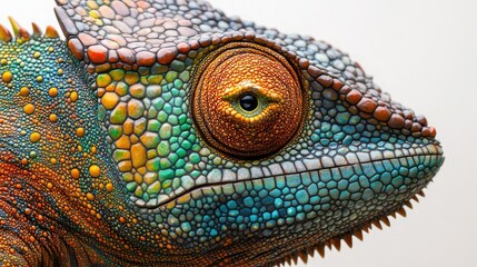 Fototapeta premium Close up view of a colorful chameleon head showcasing detailed scales and a striking orange eye