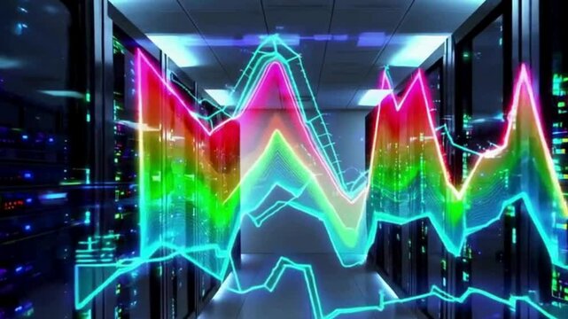 High-tech server room with blinking lights and real-time data graphs hovering in air