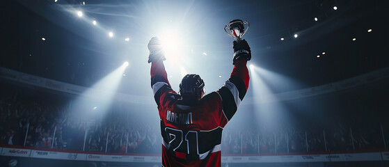 Back view of a hockey league champion lifting a gold trophy in an ice stadium. Highlights the intensity of competitive sports and personal achievement.