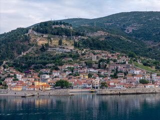 Drone videos taken at sunrise in Naupaktos, a port city in the Gulf of Corinth, Greece	