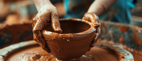 Close-up of hands working with wet clay on a pottery wheel. Highlights tactile creativity, craftsmanship, and the sensory nature of ceramics.