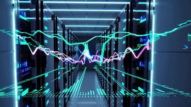 High-tech server room with blinking lights and real-time data graphs hovering in air