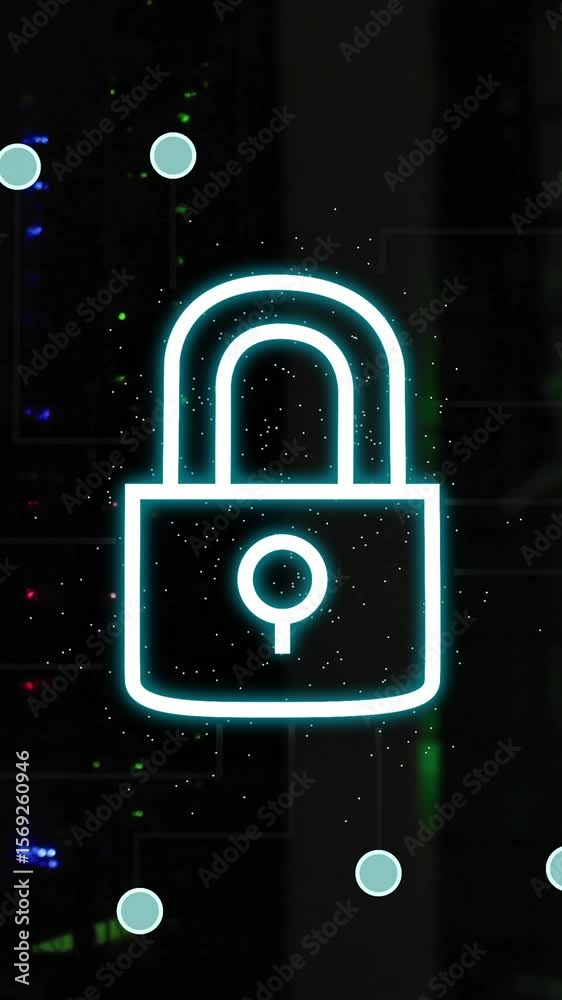 Poster lock icon with circuit lines animation over server room background